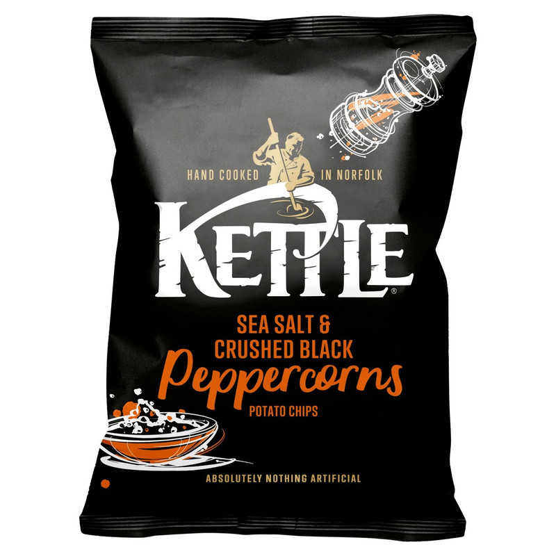 Kettle Sea Salt and Crushed Black Peppercorns Potato Chips, 130g, front of pack, available at crisps.biz