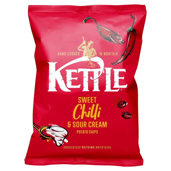 Kettle Sweet Chilli and Sour Cream Potato Chips, 130g, front of pack, available at crisps.biz