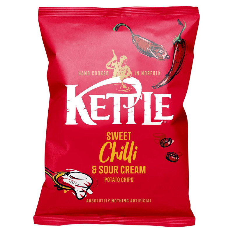 Kettle Sweet Chilli and Sour Cream Potato Chips, 130g, front of pack, available at crisps.biz