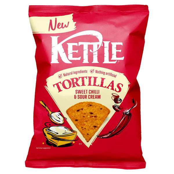 Kettle Sweet Chilli and Sour Cream Tortilla Chips, 140g, front of pack, available at crisps.biz