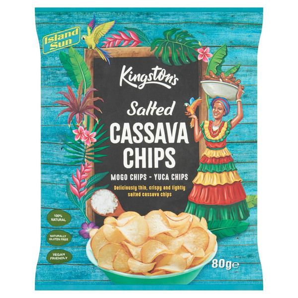 Kingston's Salted Cassava Chips, 80g, front of pack, available at crisps.biz
