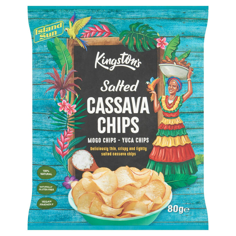Kingston's Salted Cassava Chips, 80g, front of pack, available at crisps.biz