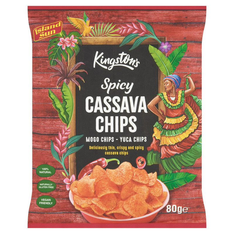 Kingston's Spicy Cassava Chips, 80g, front of pack, available at crisps.biz