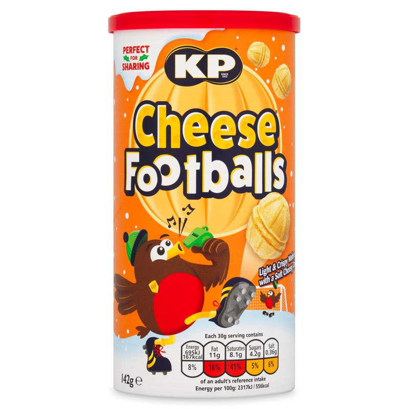 KP Cheese Footballs, 142g, front of pack, available at crisps.biz