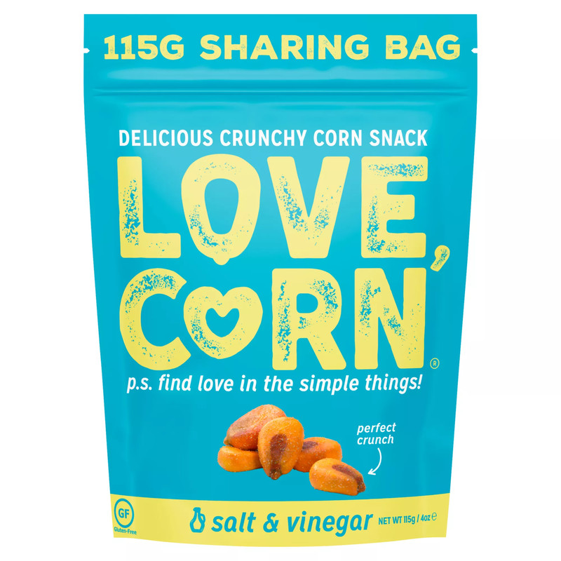 Love Corn Salt and Vinegar Roasted Corn, 115g, front of pack, available at crisps.biz
