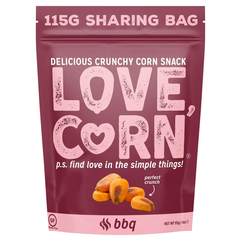 Love Corn Smoked BBQ Roasted Corn, 115g, front of pack, available at crisps.biz