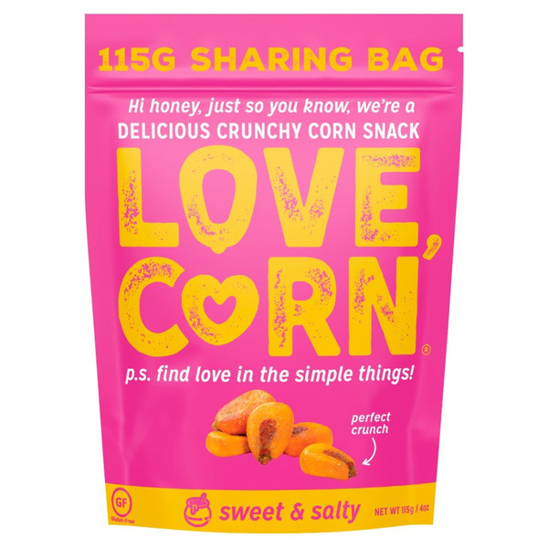 Love Corn Sweet and Salty Roasted Corn, 115g, front of pack, available at crisps.biz