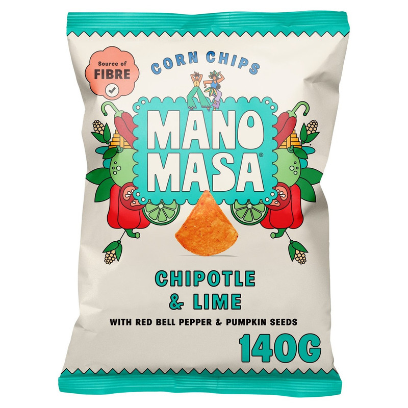Manomasa Chipotle and Lime Tortilla Chips, 140g, front of pack, available at crisps.biz