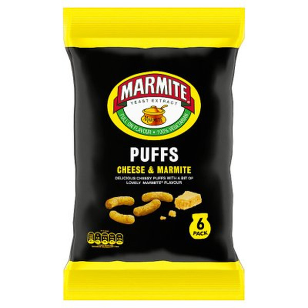 Marmite and Cheese Puffs, 6 x 16.5g, front of pack, available at crisps.biz