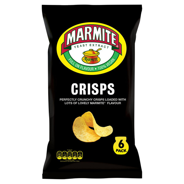 Marmite Crisps, 6 x 25g, front of pack, available at crisps.biz
