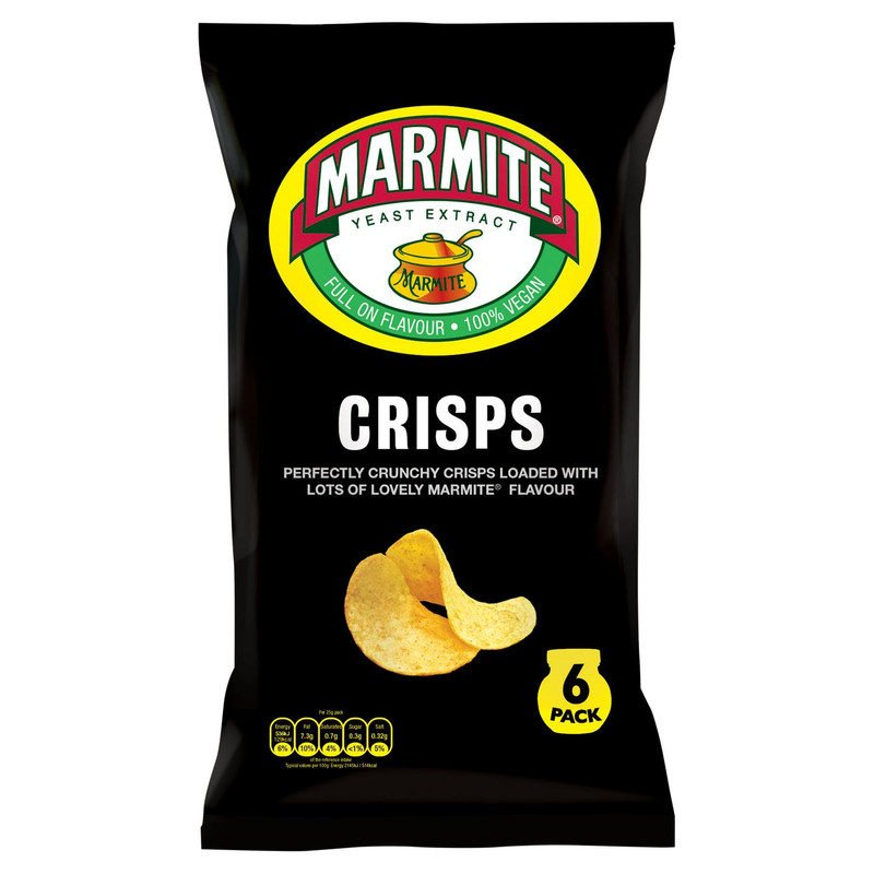 Marmite Crisps, 6 x 25g, front of pack, available at crisps.biz