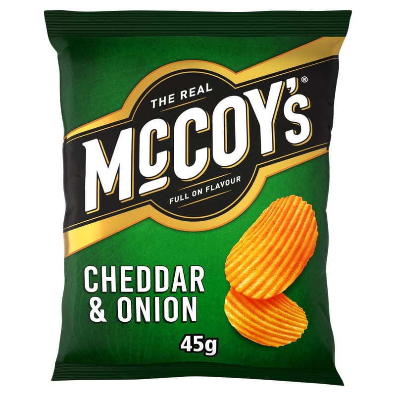 McCoy's Cheddar and Onion Crisps, 45g, front of pack, available at crisps.biz