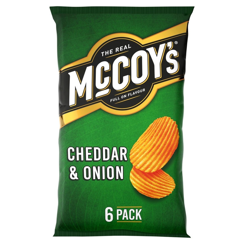 McCoy's Cheddar and Onion Crisps, 6 x 25g, front of pack, available at crisps.biz