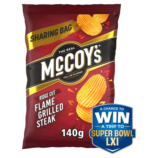 McCoy's Flame Grilled Steak Crisps, 140g, front of pack, available at crisps.biz