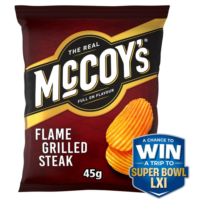 McCoy's Flame Grilled Steak Crisps, 45g, front of pack, available at crisps.biz