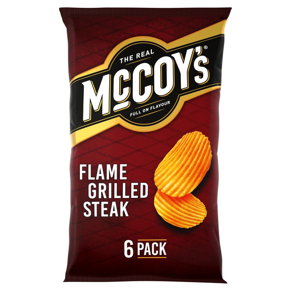 McCoy's Flame Grilled Steak Crisps, 6 x 25g, front of pack, available at crisps.biz