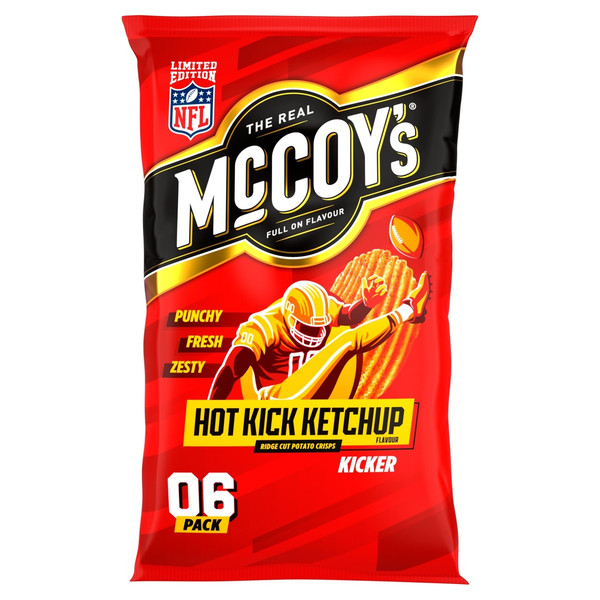 McCoy's Hot Kick Ketchup Crisps, 6 x 25g, front of pack, available at crisps.biz