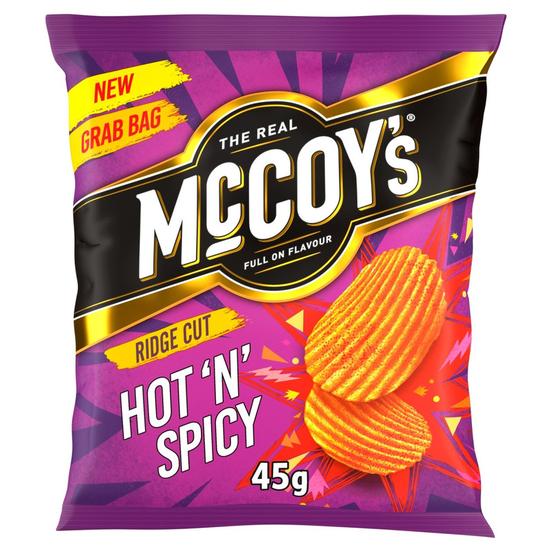 McCoy's Hot 'n' Spicy Crisps, 45g, front of pack, available at crisps.biz