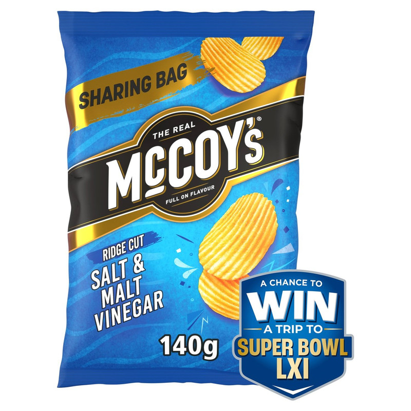 McCoy's Salt and Malt Vinegar Crisps, 140g, front of pack, available at crisps.biz