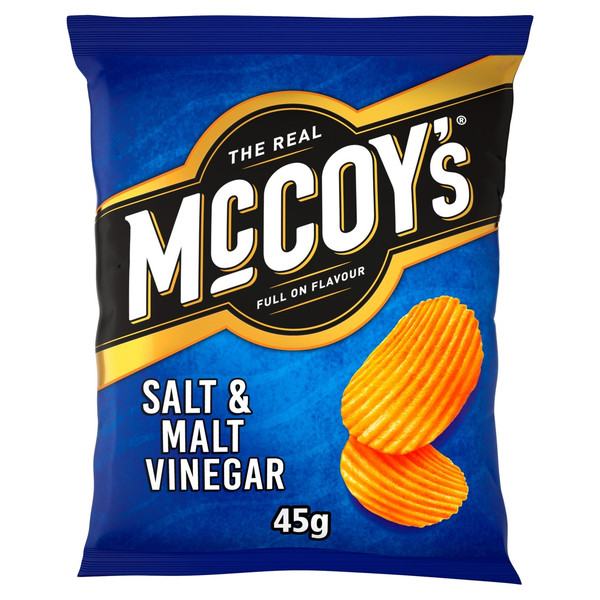 McCoy's Salt and Malt Vinegar Crisps, 45g, front of pack, available at crisps.biz