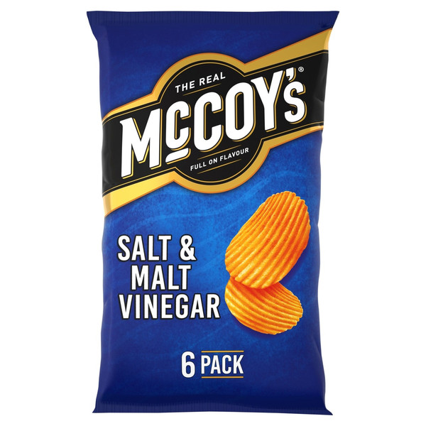 McCoy's Salt and Malt Vinegar Crisps, 6 x 25g, front of pack, available at crisps.biz
