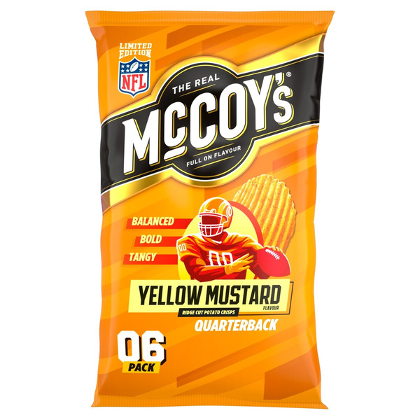 McCoy's Yellow Mustard Crisps, 6 x 25g, front of pack, available at crisps.biz