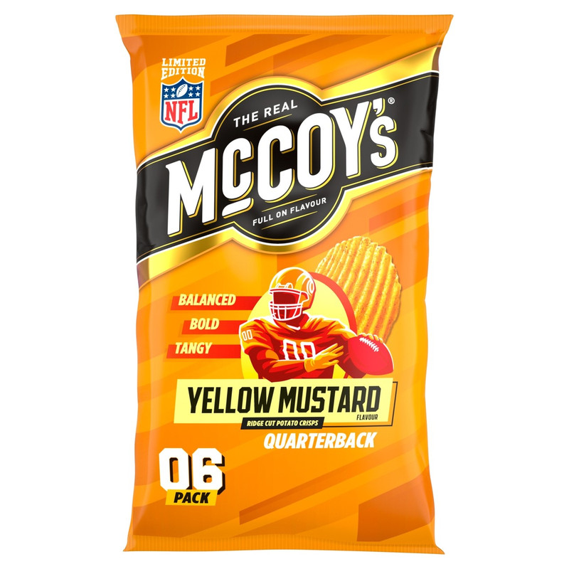McCoy's Yellow Mustard Crisps, 6 x 25g, front of pack, available at crisps.biz