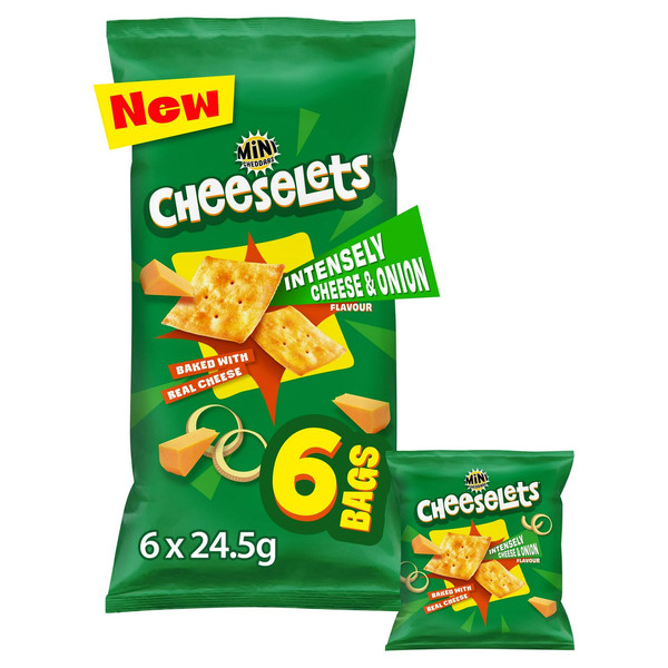 Mini Cheddars Cheeselets Cheese and Onion Baked Snacks, 6 x 24.5g, front of pack, available at crisps.biz