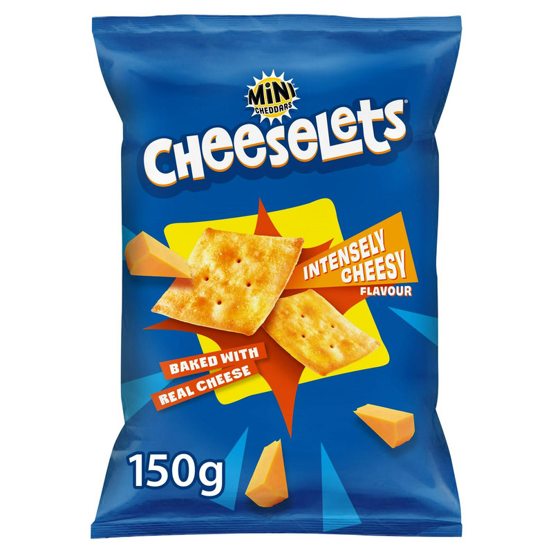 Mini Cheddars Cheeselets Intensely Cheesy Snacks, 150g, front of pack, available at crisps.biz