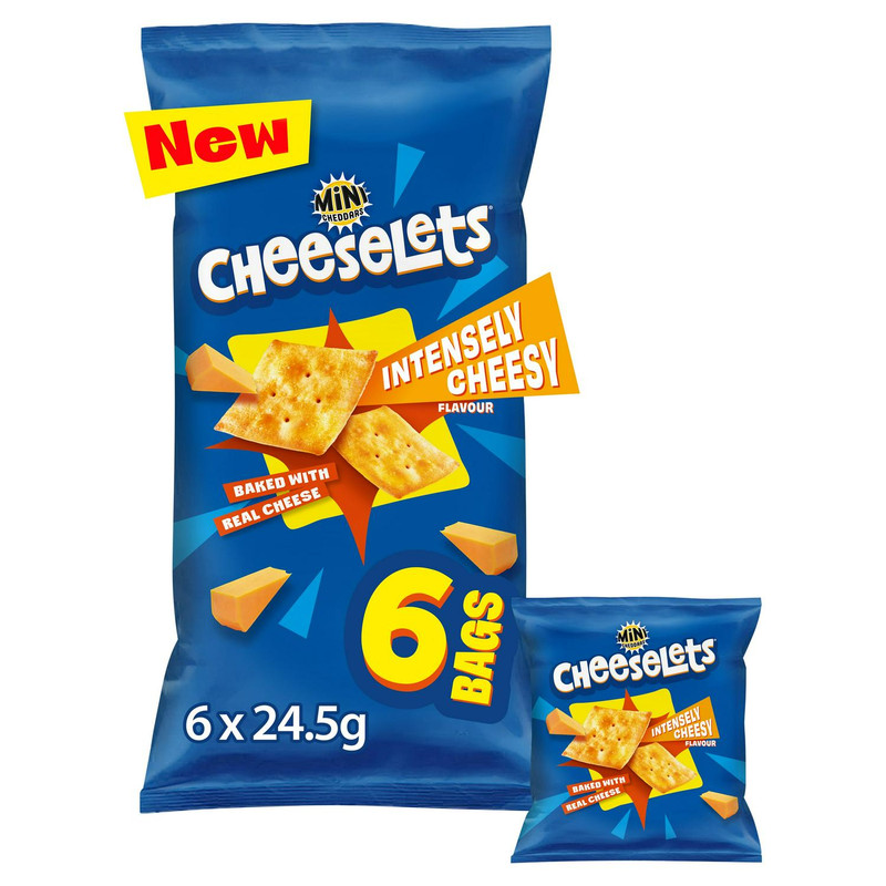 Mini Cheddars Cheeselets Intensely Cheesy Snacks, 6 x 24.5g, front of pack, available at crisps.biz