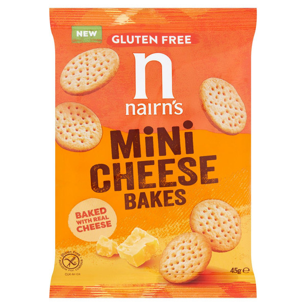 Nairn's Gluten Free Mini Cheese Bakes, 45g, front of pack, available at crisps.biz