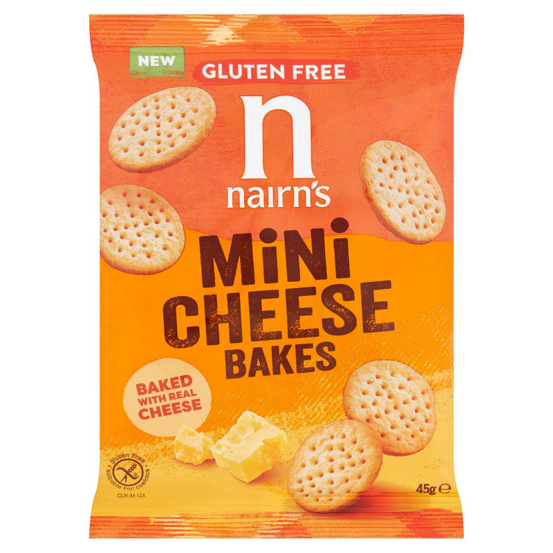 Nairn's Gluten Free Mini Cheese Bakes, 45g, front of pack, available at crisps.biz