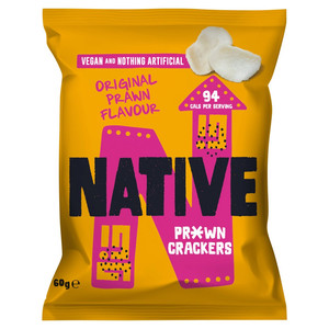 Native Vegan Prawn Crackers, 60g, front of pack, available at crisps.biz