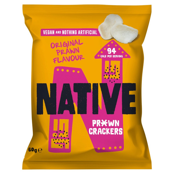 Native Vegan Prawn Crackers, 60g, front of pack, available at crisps.biz