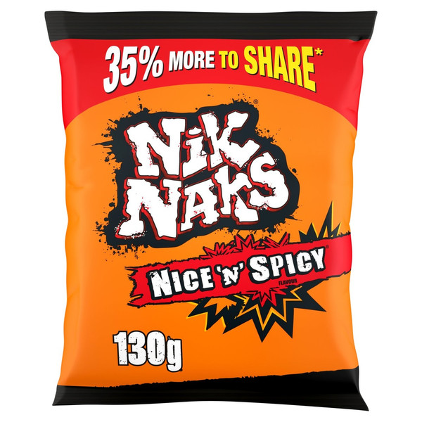 Nik Naks Nice 'n' Spicy Snacks, 130g, front of pack, available at crisps.biz