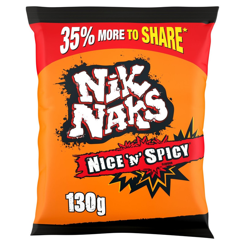 Nik Naks Nice 'n' Spicy Snacks, 130g, front of pack, available at crisps.biz