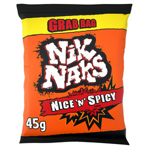 Nik Naks Nice 'n' Spicy Snacks, 45g, front of pack, available at crisps.biz