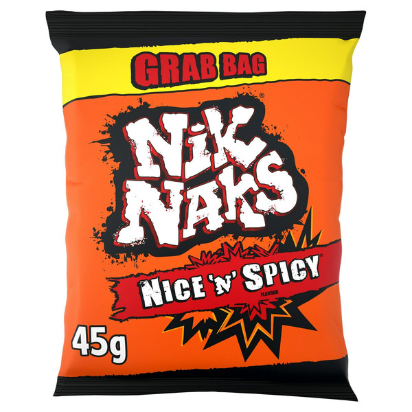 Nik Naks Nice 'n' Spicy Snacks, 45g, front of pack, available at crisps.biz