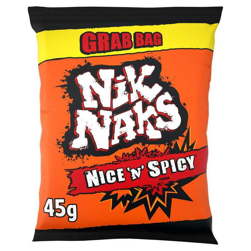 Nik Naks Nice 'n' Spicy Snacks, 45g, front of pack, available at crisps.biz