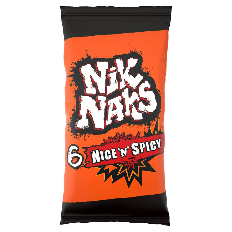 Nik Naks Nice 'n' Spicy Snacks, 6 x 20g, front of pack, available at crisps.biz