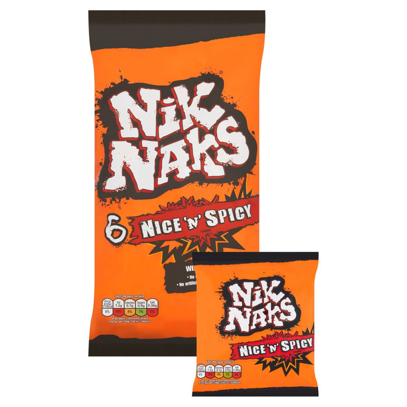 Nik Naks Nice 'n' Spicy Snacks, 6 x 20g, pack shot 2, available at crisps.biz