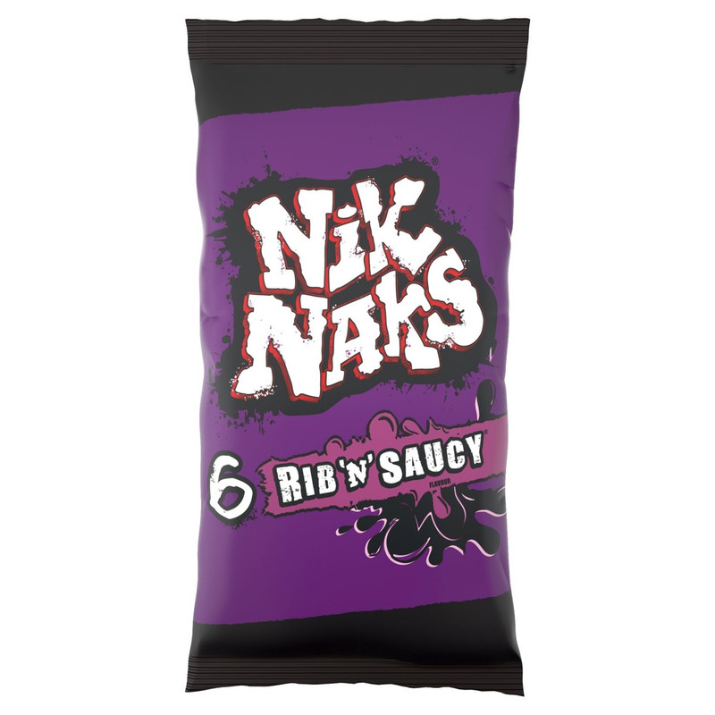 Nik Naks Rib 'n' Saucy Snacks, 6 x 20g, front of pack, available at crisps.biz