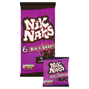 Nik Naks Rib 'n' Saucy Snacks, 6 x 20g, pack shot 2, available at crisps.biz