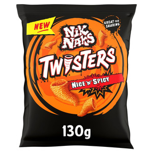 Nik Naks Twisters Nice 'n' Spicy Snacks, 130g, front of pack, available at crisps.biz
