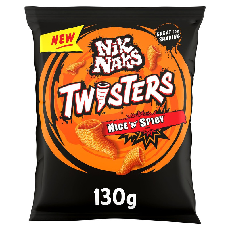 Nik Naks Twisters Nice 'n' Spicy Snacks, 130g, front of pack, available at crisps.biz