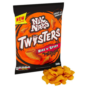 Nik Naks Twisters Nice 'n' Spicy Snacks, 130g, pack shot 2, available at crisps.biz
