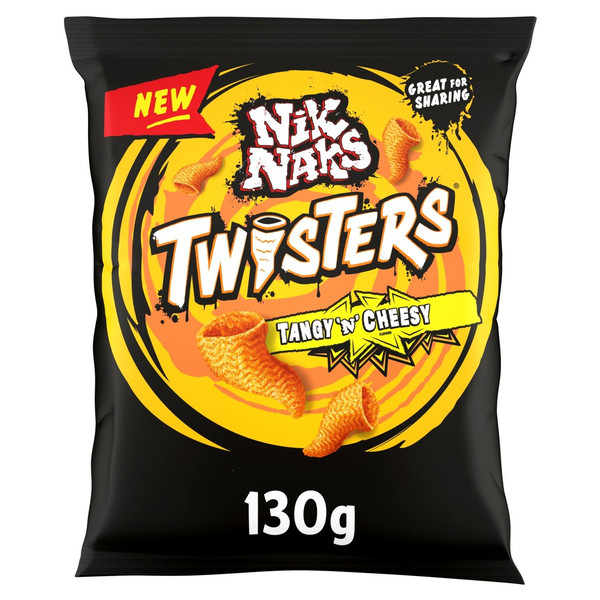 Nik Naks Twisters Tangy 'n' Cheesy Snacks, 130g, front of pack, available at crisps.biz