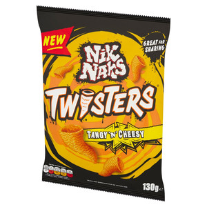 Nik Naks Twisters Tangy 'n' Cheesy Snacks, 130g, pack shot 3, available at crisps.biz