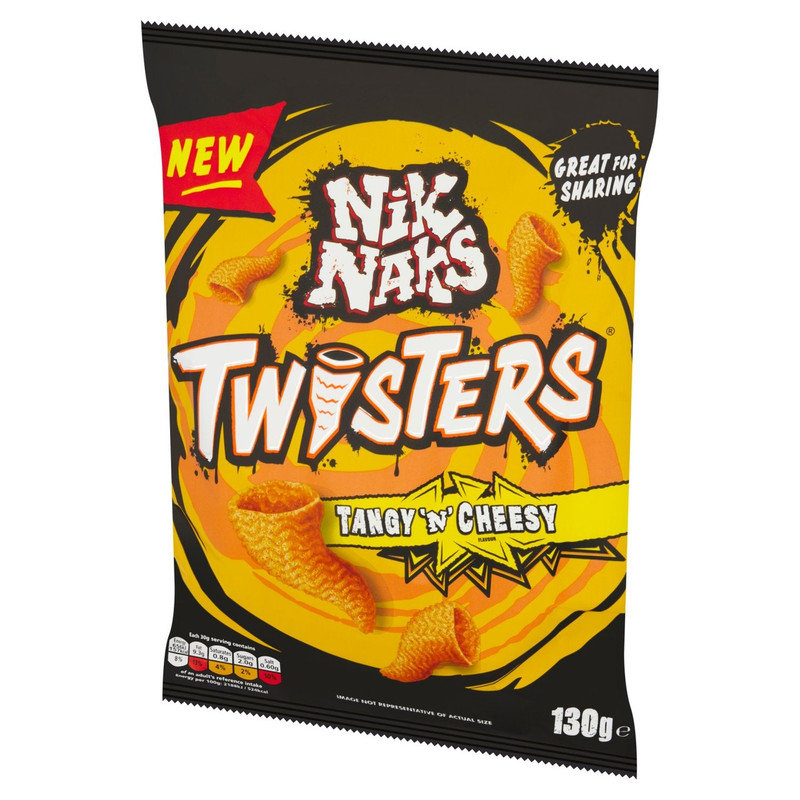 Nik Naks Twisters Tangy 'n' Cheesy Snacks, 130g, pack shot 3, available at crisps.biz