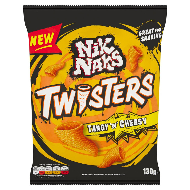 Nik Naks Twisters Tangy 'n' Cheesy Snacks, 130g, pack shot 4, available at crisps.biz